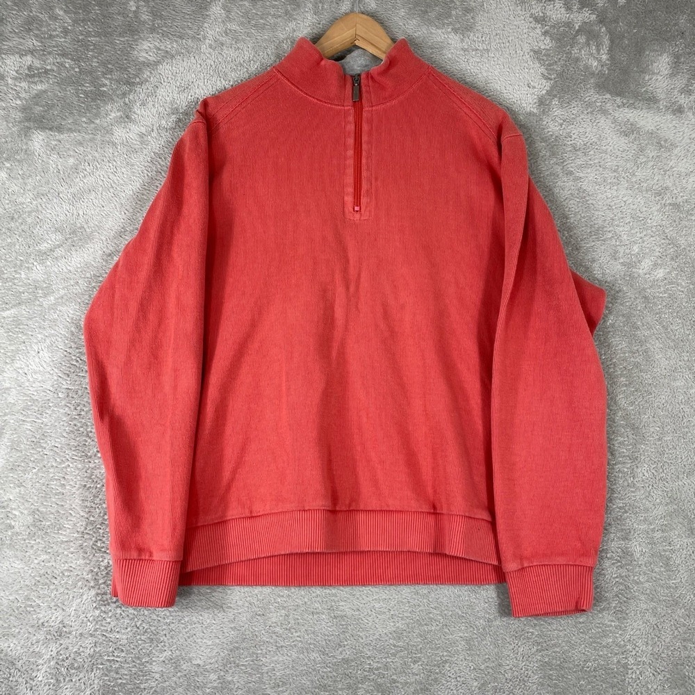 Paradise Collection Sweater Mens Large Coral Cotton Quarter Zip Ribbed Pullover